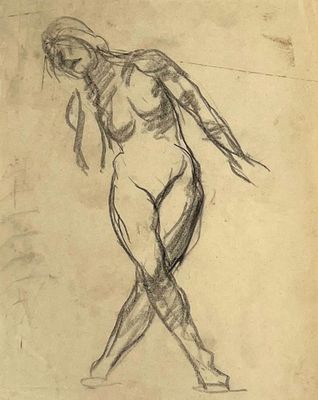 dessin représentant une femme nue marchant, la main sur la hanche