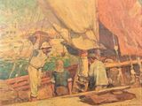 painting of a group of people standing on a boat with sails