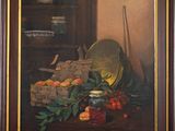 painting of a still life with a basket of fruit and a clock