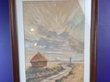 framed picture of a painting of a house in a field