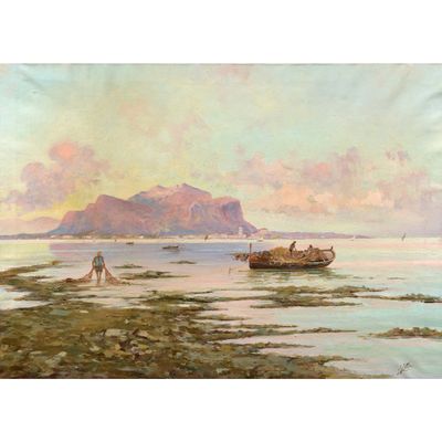 une image d'une peinture représentant une scène de plage avec un bateau dans l'eau