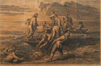 a drawing of a group of people in a boat