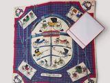 blue and red square scarf with a picture of a horse and carriage on it
