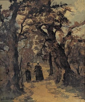 une image représentant un tableau où l'on voit un groupe de personnes marchant sur un sentier