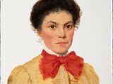 portrait of a woman in a yellow dress with a red bow