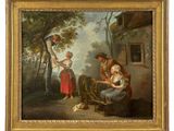 an image of a painting of a family outside a cottage