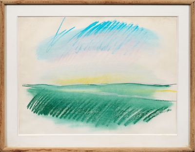 an image of a painting of a green field with a blue sky in the background