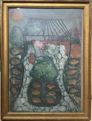 framed painting of a woman with a basket of flowers in a garden
