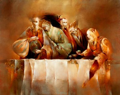 une image d'un tableau représentant un groupe de personnes assises à une table