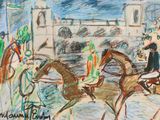 drawing of a horse race with jockeys and horses in front of a building