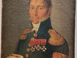 an old painting of a man in a military uniform holding a piece of paper