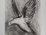 dessin en noir et blanc représentant un oiseau en train de manger dans un bol