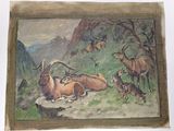 a picture of a painting of animals on a hill