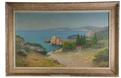 une peinture à l'huile représentant une vue sur la mer et les collines