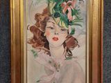tableau représentant une femme coiffée d'un chapeau orné de fleurs