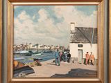 an oil painting of a group of people standing on a pier