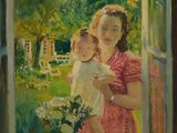 tableau représentant une femme tenant un enfant dans ses bras et regardant par la fenêtre