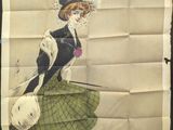 tableau représentant une femme en robe verte et chapeau, accompagnée d'un chien blanc