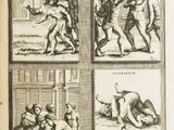 un vieux livre contenant quatre illustrations représentant des hommes en train de se battre