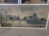 tableau représentant une vue de ville avec un pont au premier plan