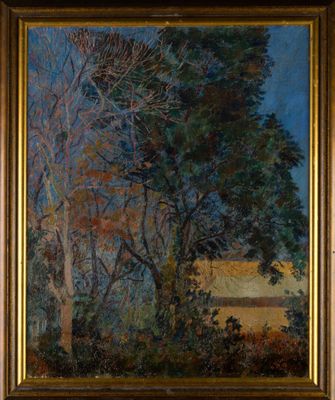 a painting of trees in a field with a blue sky in the background