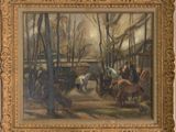 painting of a group of people riding horses in a wooded area