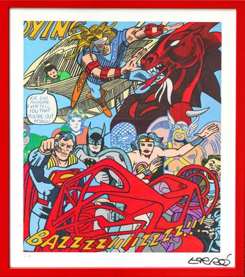 la couverture d'une bande dessinée, avec un cadre rouge et l'image d'un groupe de super-héros