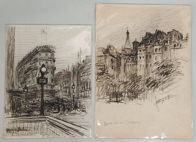 two drawings of a train traveling past a building on a city street