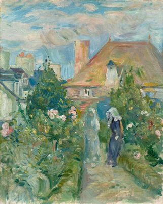 une image représentant un tableau où l'on voit une femme se promenant dans un jardin