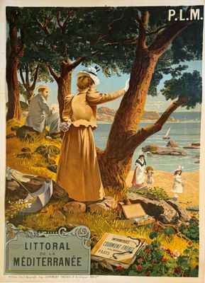 une vieille affiche représentant une femme debout sous un arbre au bord de l'eau
