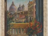 painting of a view of a city from a window with a vase of flowers
