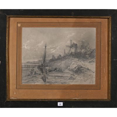 un vieux dessin représentant un bateau sur une plage, avec un château en arrière-plan