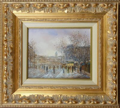 an oil painting of a street scene with people walking down the street
