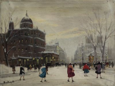 un tableau représentant une scène de rue avec des passants marchant dans la neige