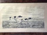 tableau représentant un groupe de chiens courant dans un champ, avec le ciel en arrière-plan