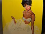 an old poster of a woman in a white dress on a shelf