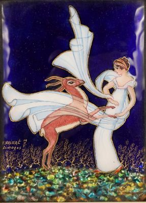 un tableau représentant une femme et un cerf dans un champ