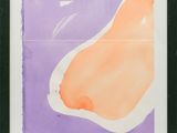 an image of a painting of a pear on a purple and orange background