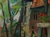 an image of a painting of a house in the woods
