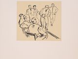 an image of a drawing of a group of people sitting around a table