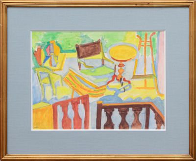 a picture of a painting of a room with a table and chairs