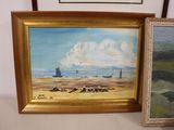 painting of a beach scene and a painting of a boat in the distance