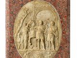 an image of a stone plaque with an image of a group of people