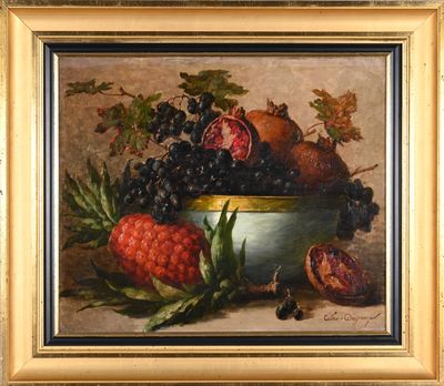 painting of a bowl of fruit with pomegranates and other fruits on a table