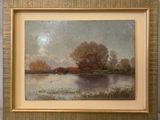 une image représentant un tableau d'un lac avec des canards dans l'eau