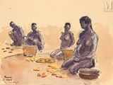 un tableau représentant un groupe de personnes assises par terre