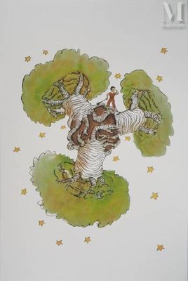 a drawing of a man riding a horse on a tree