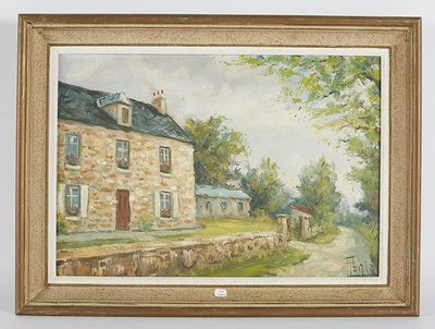 une peinture à l'huile représentant une maison et une route dans un décor champêtre