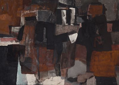 an image of a painting of a group of people standing in front of a building