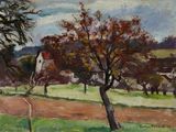 tableau représentant un champ avec des arbres et des maisons au loin